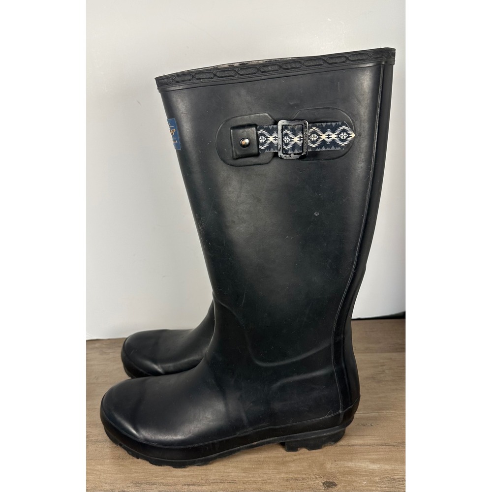 Pendleton Womens 10 Tall Black Rubber Rain Boots Geometric Buckle Waterproof‎